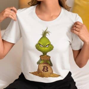 Women's Holiday T-Shirt with Unique Christmas Grinch with Bitcoin Design,