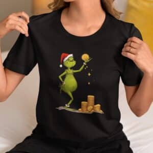 Women's Holiday T-Shirt with Unique Christmas Grinch Counting Bitcoins Design,