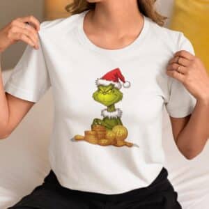 Women's Holiday T-Shirt with Unique Christmas Grinch Counting Bitcoins Design,