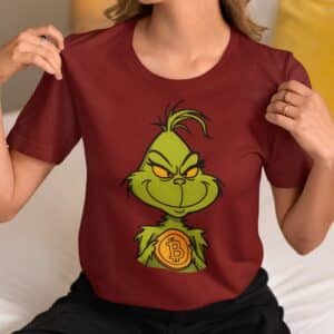 Women's Holiday T-Shirt with Unique Christmas Grinch Holding a Bitcoin Design,