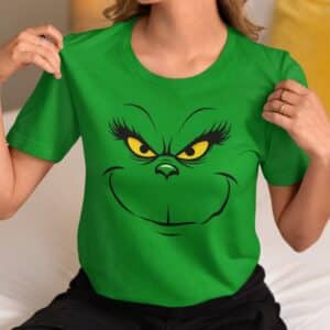 Women's Holiday T-Shirt with Unique Christmas Grinch Design.