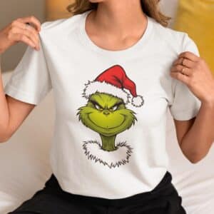 Women's Holiday T-Shirt with Unique Christmas Santa Grinch Design,