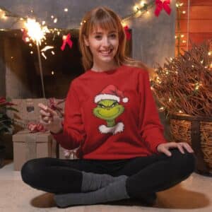 Women's Festive Christmas Sweatshirt - Unique Holiday Print, Grinch Santa Design