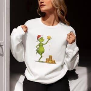 Women's Festive Christmas Sweatshirt - Unique Holiday Print, Grinch with Bitcoin Design for Women