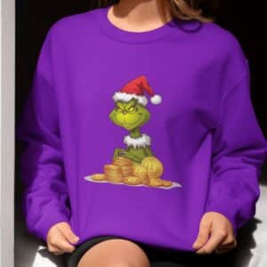 Women's Festive Christmas Sweatshirt - Unique Holiday Print, Grinch with Bitcoin Design