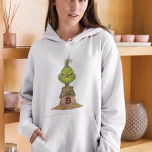 Stylish Women's Holiday Hoodie with Bitcoin Christmas Grinch Design - Perfect for Crypto Lovers