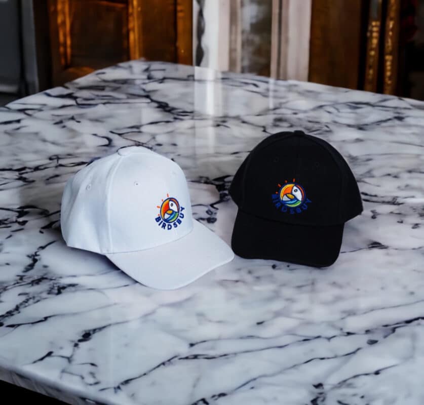 White and black baseball caps with colorful "BIRDSBY" logo displayed on a marble surface, showcasing stylish accessories for home décor or fashion.