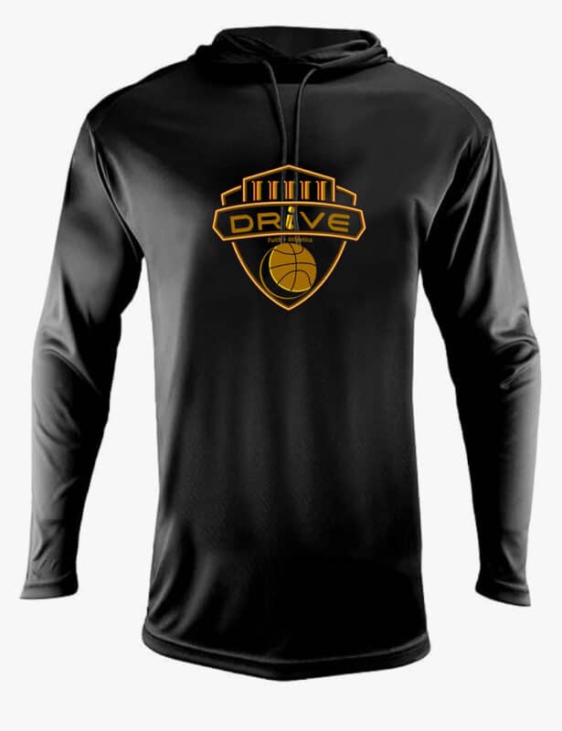 Black athletic hoodie featuring the "DRIVE" logo and basketball graphic, ideal for sports enthusiasts and home décor items at Embellishway.