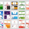 Grid of various colorful printed advertisements and business card designs showcasing diverse layouts and styles for graphic design services.