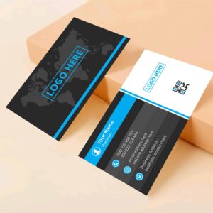 Custom business card design featuring a world map background and space for logo, contact information, and QR code, relevant to printed advertisements offered by Embellishway.
