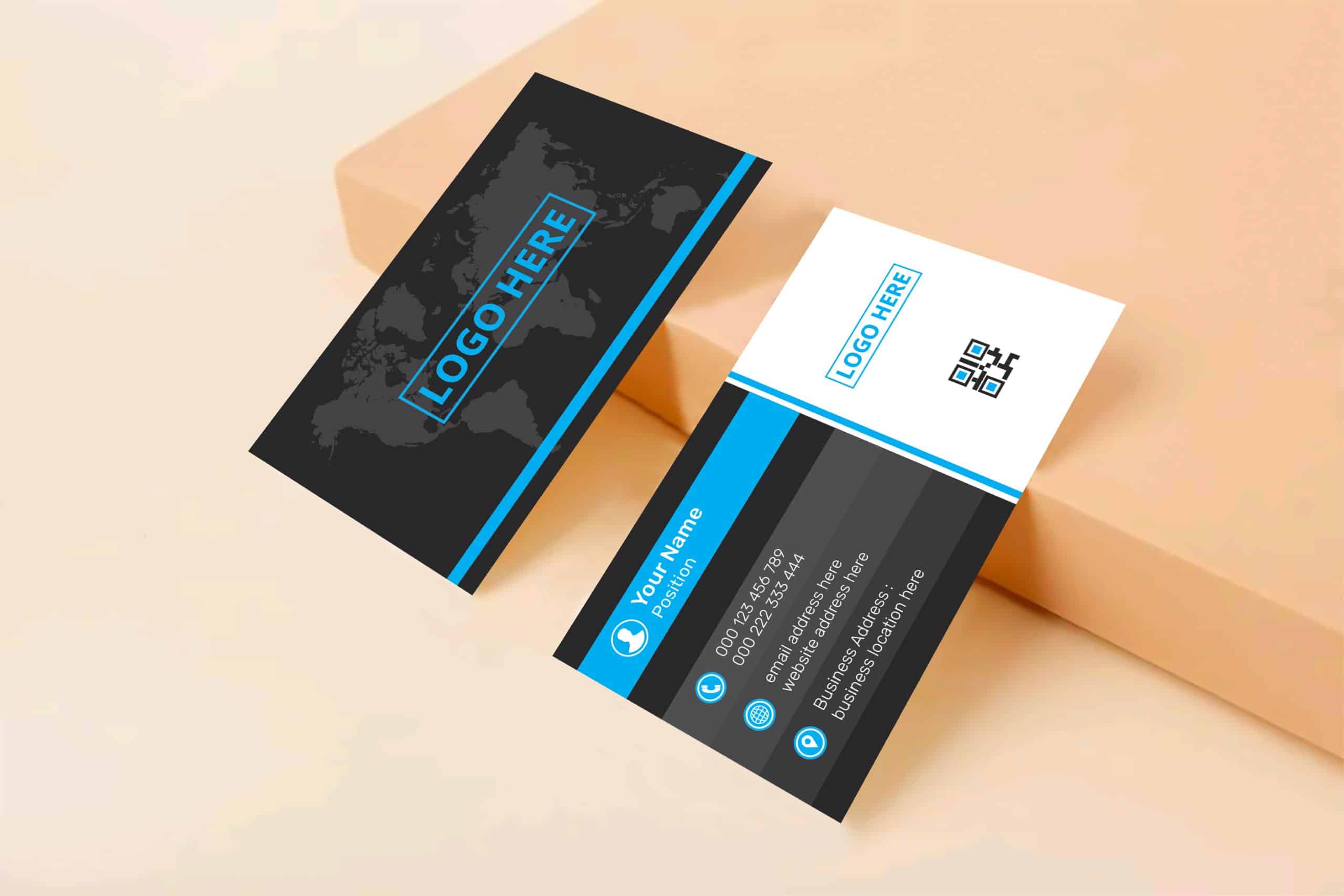 Custom business cards featuring a modern design with a black and white color scheme, logo placeholder, and contact information layout, ideal for enhancing branding.