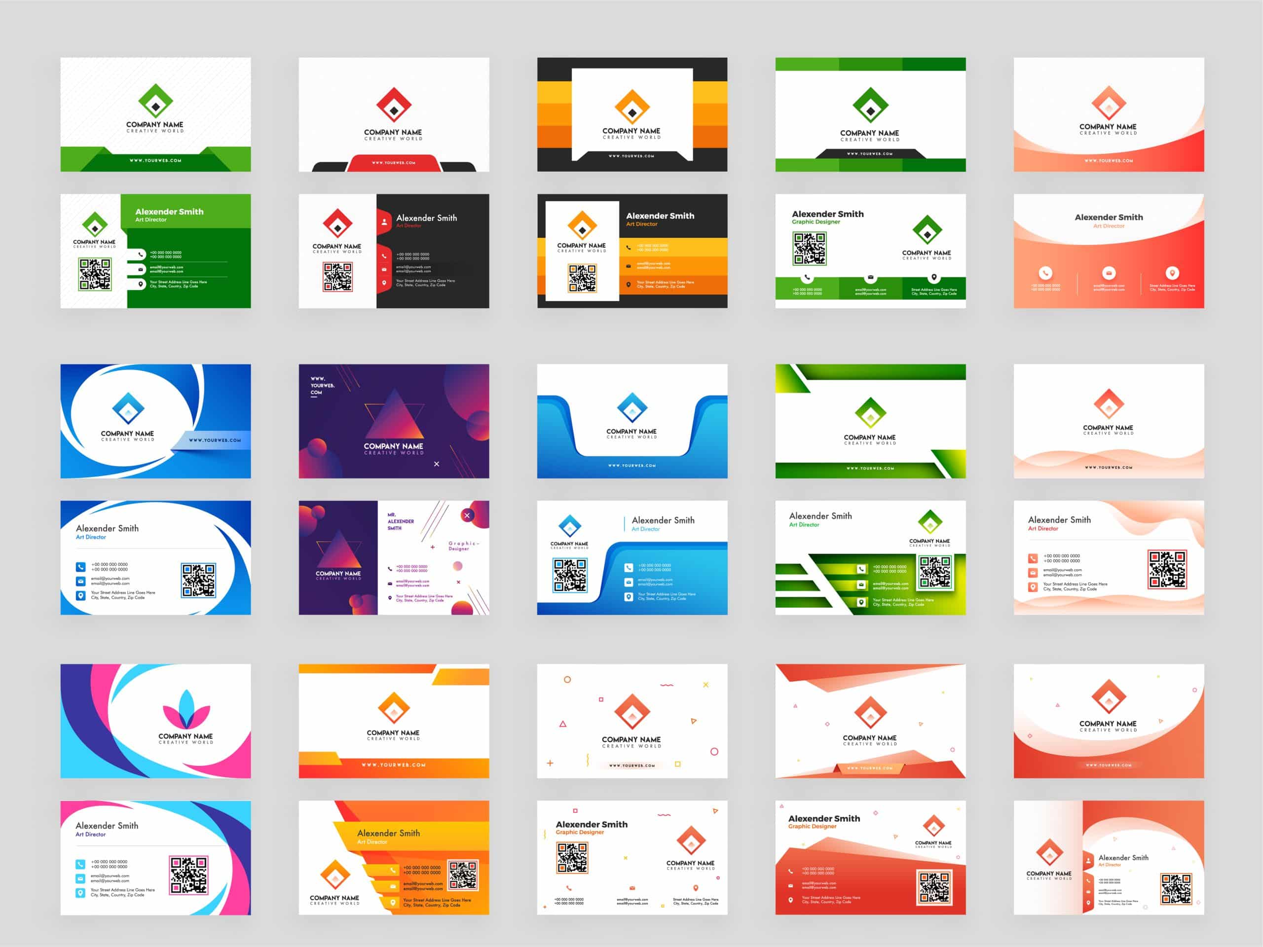 Grid of diverse custom business card designs showcasing various colors, shapes, and layouts, featuring logos and QR codes, emphasizing branding options for professionals.
