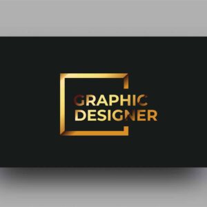 Graphic designer business card mockup featuring a gold and black color scheme with the text "GRAPHIC DESIGNER" prominently displayed.