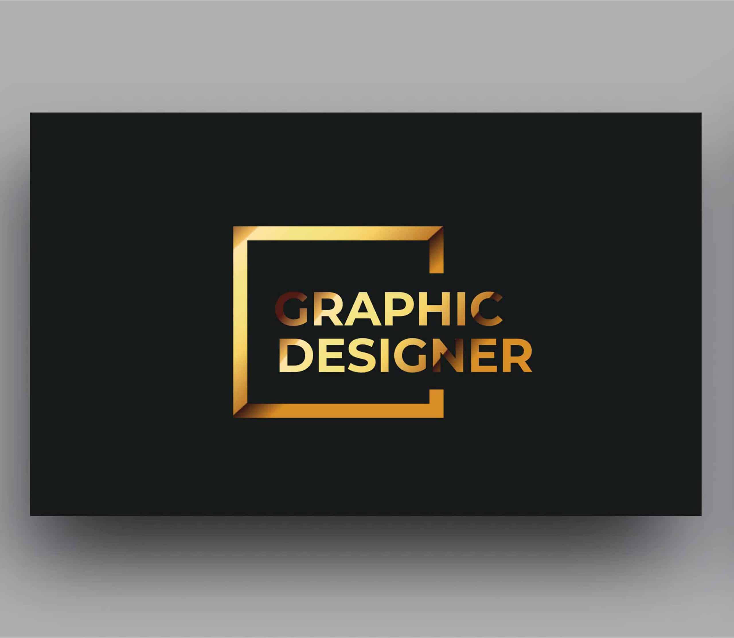 Custom business card design featuring the phrase "GRAPHIC DESIGNER" in gold lettering against a black background, emphasizing professional branding for creative services.