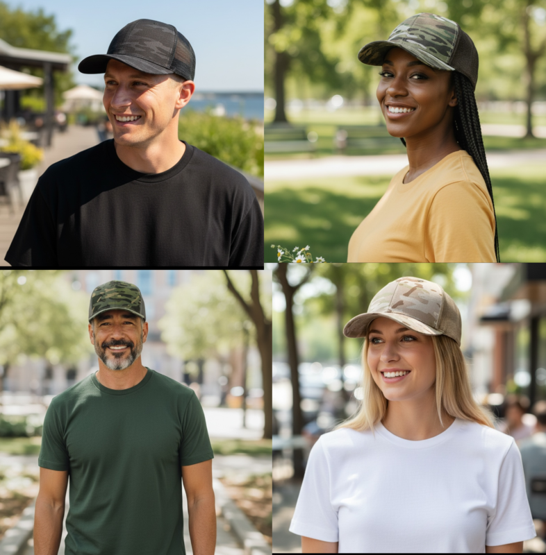 Diverse group of individuals wearing custom hats and t-shirts in a park setting, showcasing various styles and colors for promotional apparel by Embellishway.
