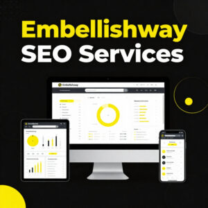Embellishway SEO Services displayed on multiple devices, showcasing analytics dashboard and performance metrics.