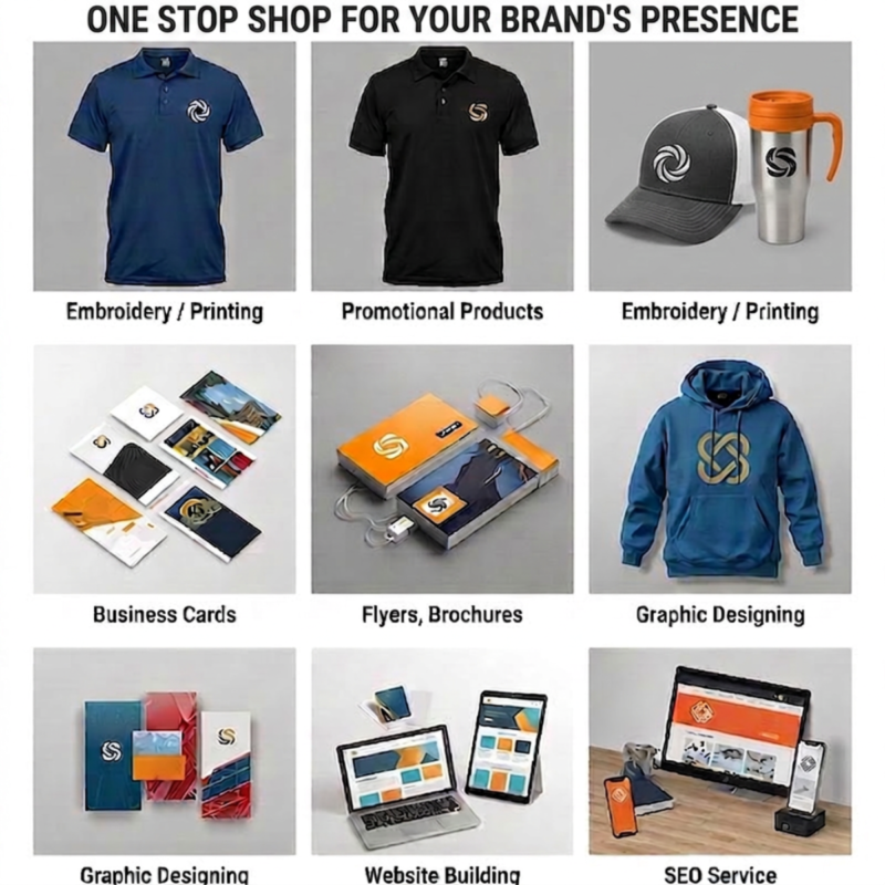 Minimalist logo design showcasing a variety of branded products including apparel, business cards, brochures, and digital services, emphasizing Embellishway's one-stop shop for branding solutions.