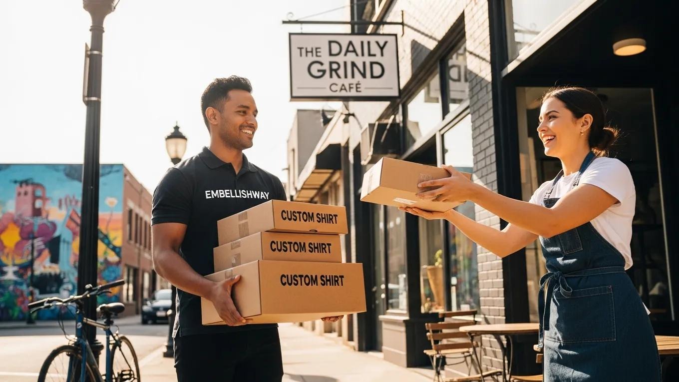 Delivery of custom shirts by an Embellishway employee to a cafe, showcasing branded apparel and business collaboration in an urban setting.