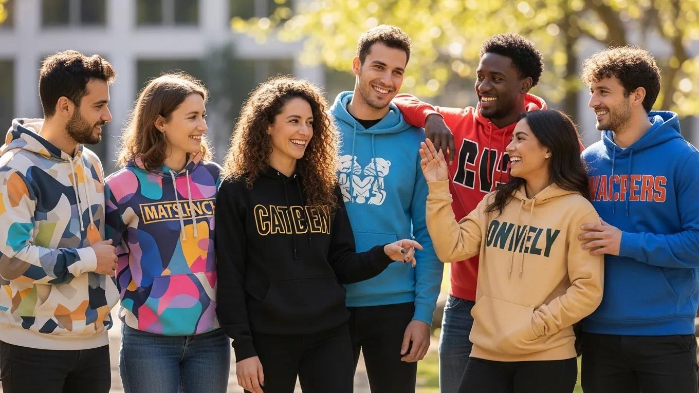 Group of diverse individuals wearing custom hoodies with various designs, showcasing vibrant colors and branding options, emphasizing the benefits of bulk custom hoodie printing for enhanced brand visibility.