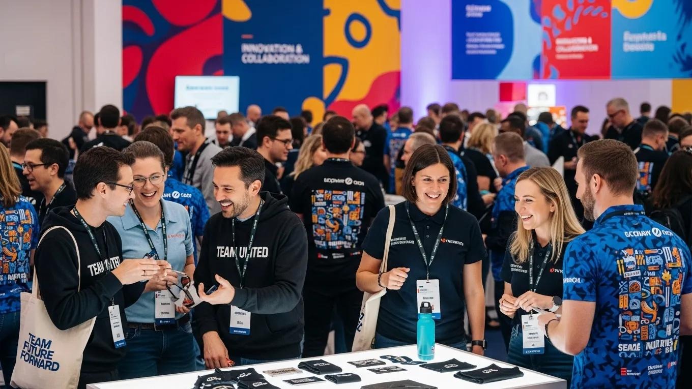 Group of professionals engaging and networking at an event, wearing custom branded T-shirts, with a focus on team unity and collaboration, surrounded by promotional materials on a table.
