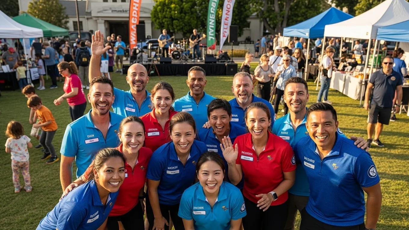 Group of event participants wearing custom branded polo shirts in blue and red, showcasing team unity and event branding, with a lively outdoor event atmosphere in the background.