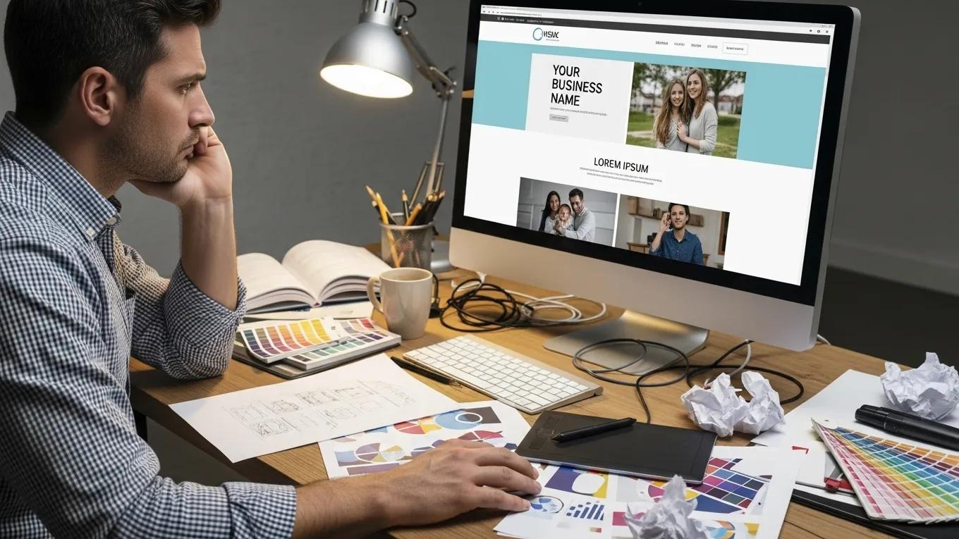Man contemplating website design on computer screen displaying a customizable business template, surrounded by design materials and color swatches, illustrating the challenges of template websites in branding and online presence.