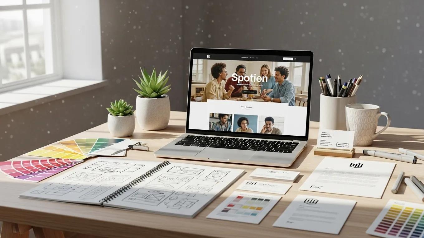 Laptop displaying a custom website design with diverse people collaborating, surrounded by design materials, color palettes, and branding documents, emphasizing the importance of tailored web solutions for businesses.
