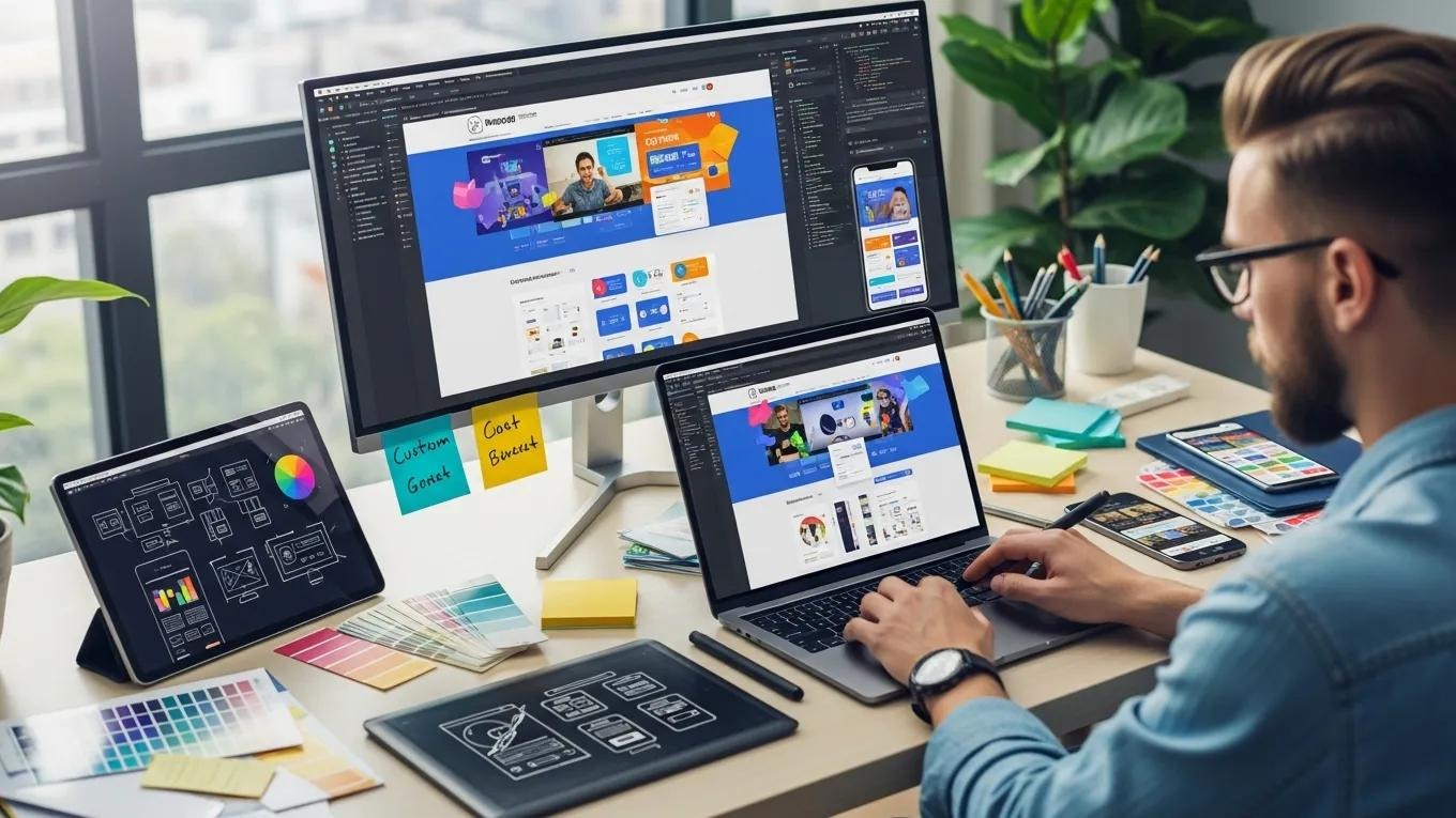 Person working on custom web design projects, using multiple screens displaying website mockups, surrounded by design materials and color palettes, reflecting modern web development practices.
