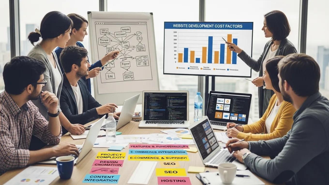 Group of professionals in a meeting discussing website development cost factors, with charts and notes on project complexity, e-commerce integration, SEO, and design displayed on laptops and screens.