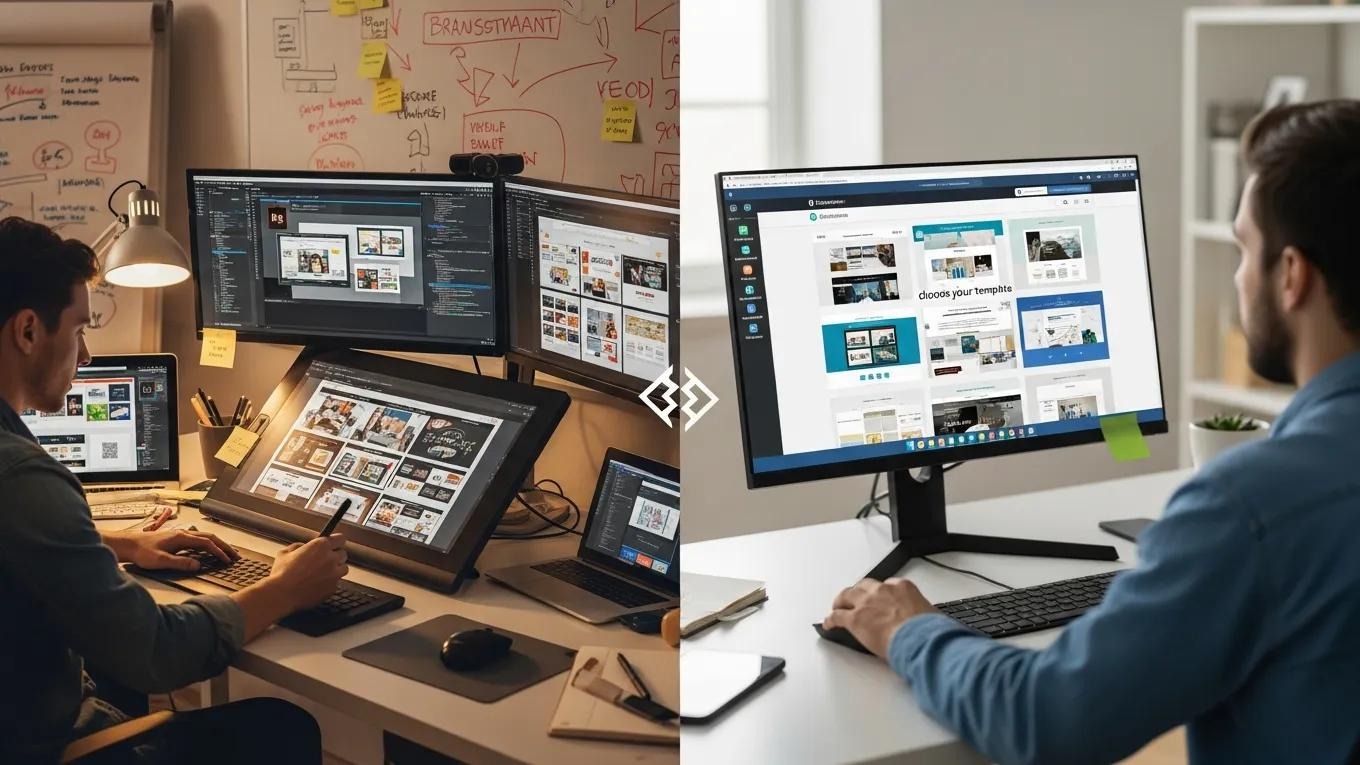 Designer working on custom web design projects with multiple screens displaying website layouts and coding, contrasting with a user reviewing template-based website options.