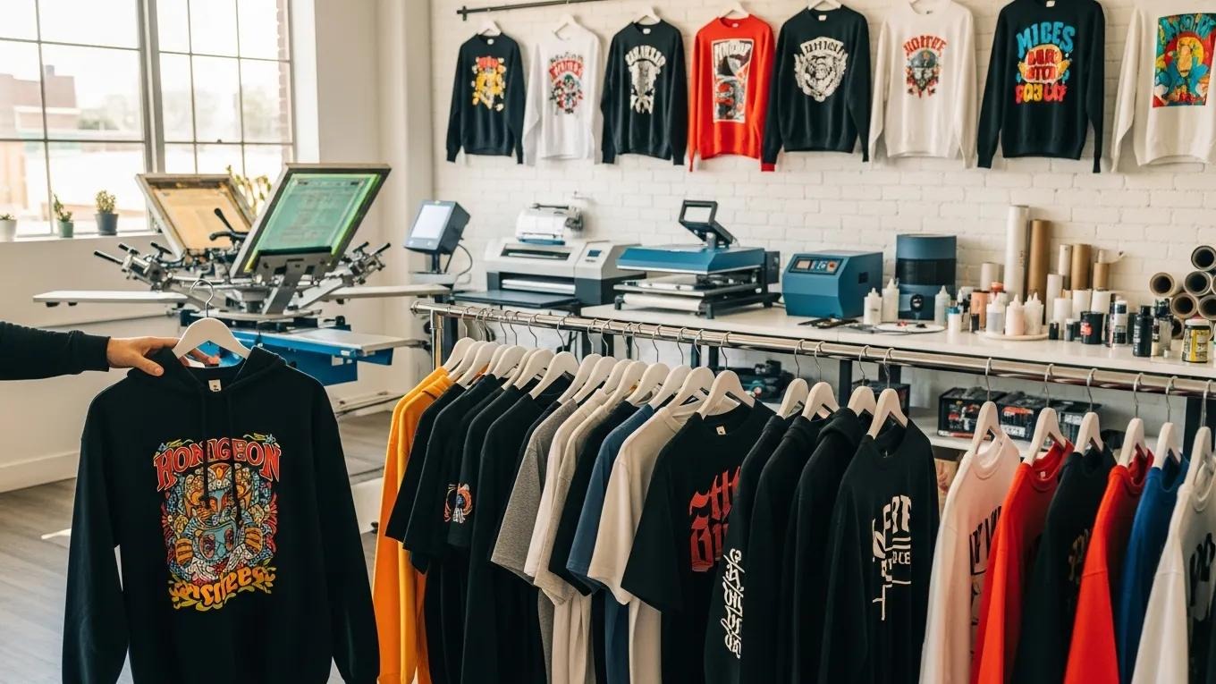Custom apparel display with various printed t-shirts and hoodies, showcasing screen printing and DTF printing techniques in a modern printing studio.