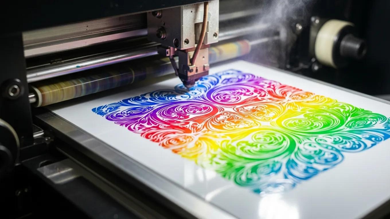 Printing machine applying vibrant, multicolored ink to a design on film, illustrating the direct to film (DTF) printing process for custom apparel.