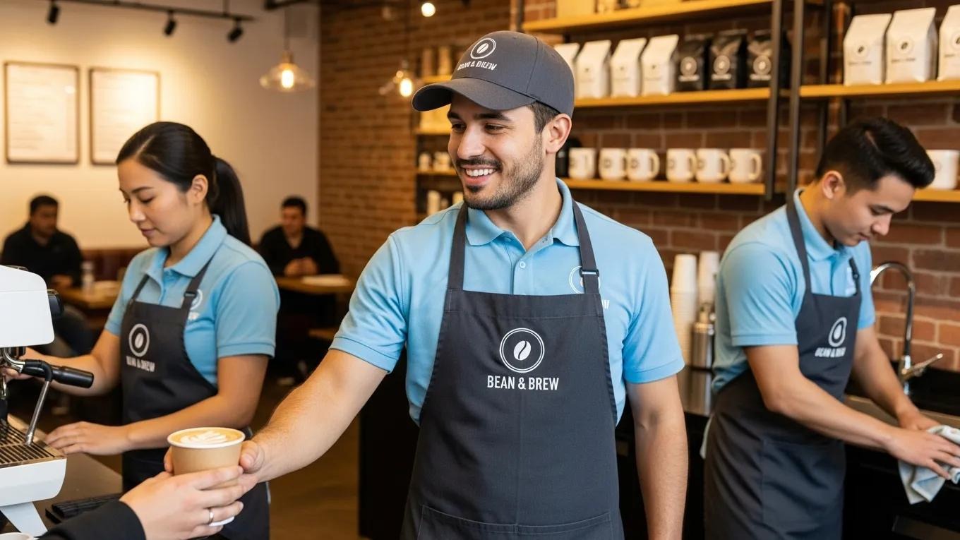 Barista at Bean & Brew serving coffee to a customer, showcasing embroidered logo on uniform, with fellow staff members and coffee equipment in a modern café setting.