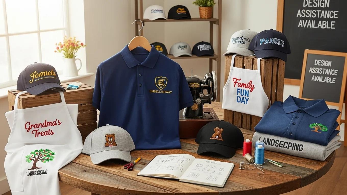 Custom embroidered apparel and promotional products displayed on a wooden table, featuring a navy polo with "Embellishway" logo, various hats, a white apron with "Family Fun Day," and sketches for design ideas, emphasizing branding and professionalism for businesses.