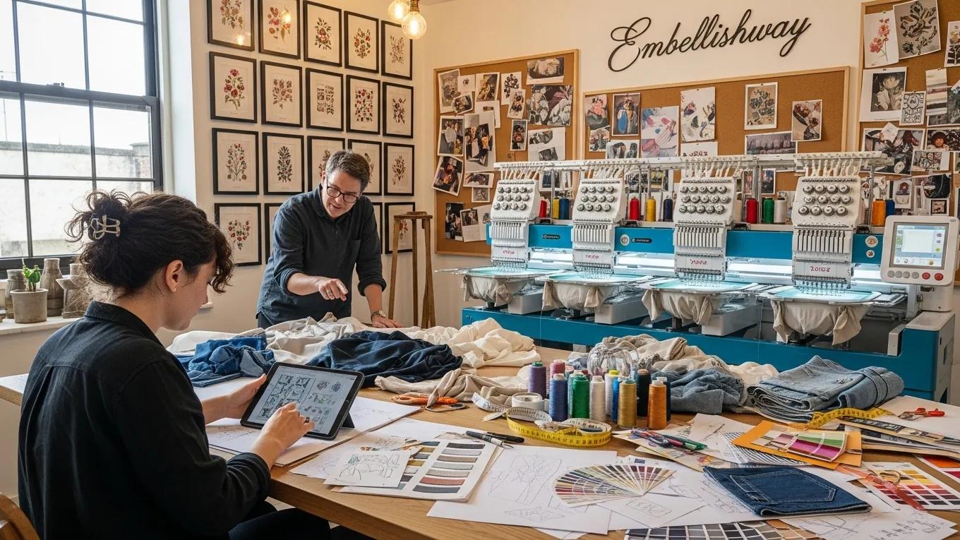 Embellishway embroidery studio featuring two individuals collaborating on custom apparel design, with embroidery machines and various fabrics, threads, and design materials on a workspace.
