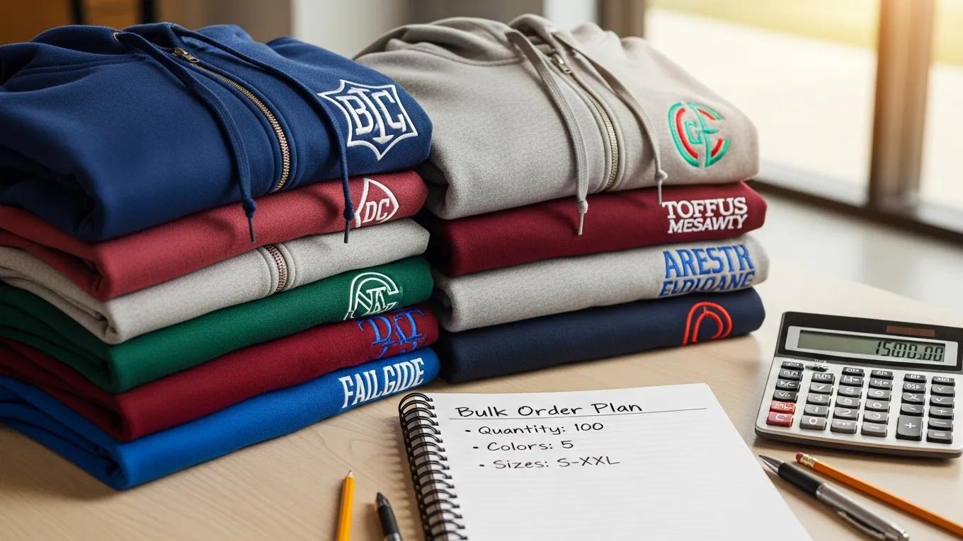 Stack of colorful hoodies featuring various logos, alongside a notepad detailing a bulk order plan with quantity, colors, and sizes, and a calculator displaying a total cost, emphasizing bulk hoodie printing for branding.