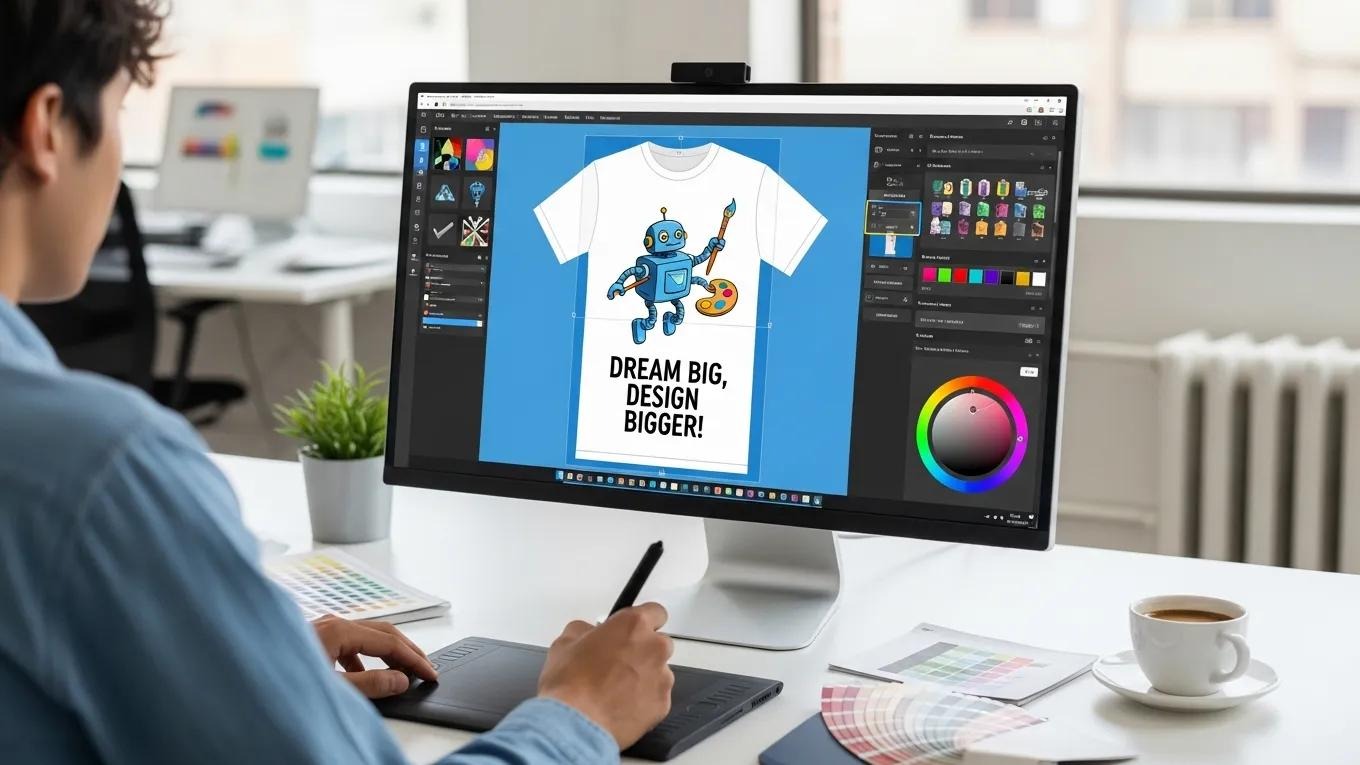 Person designing a custom t-shirt on a computer, featuring a colorful robot graphic and the text "DREAM BIG, DESIGN BIGGER!" in a creative workspace with design tools and color palettes.