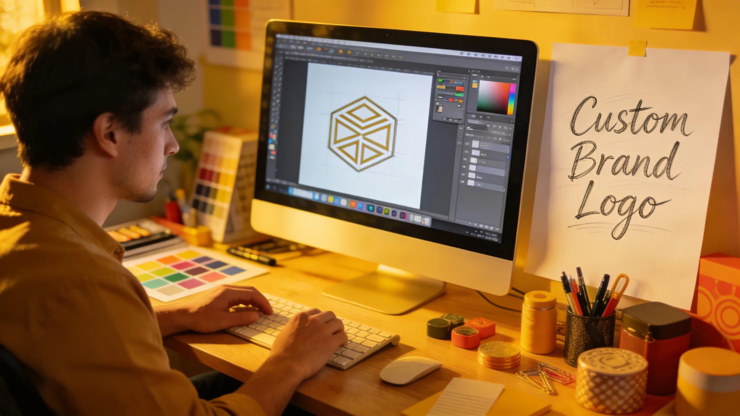 Designer customizing promotional products with sketches and design software, illustrating the creative aspect of product personalization