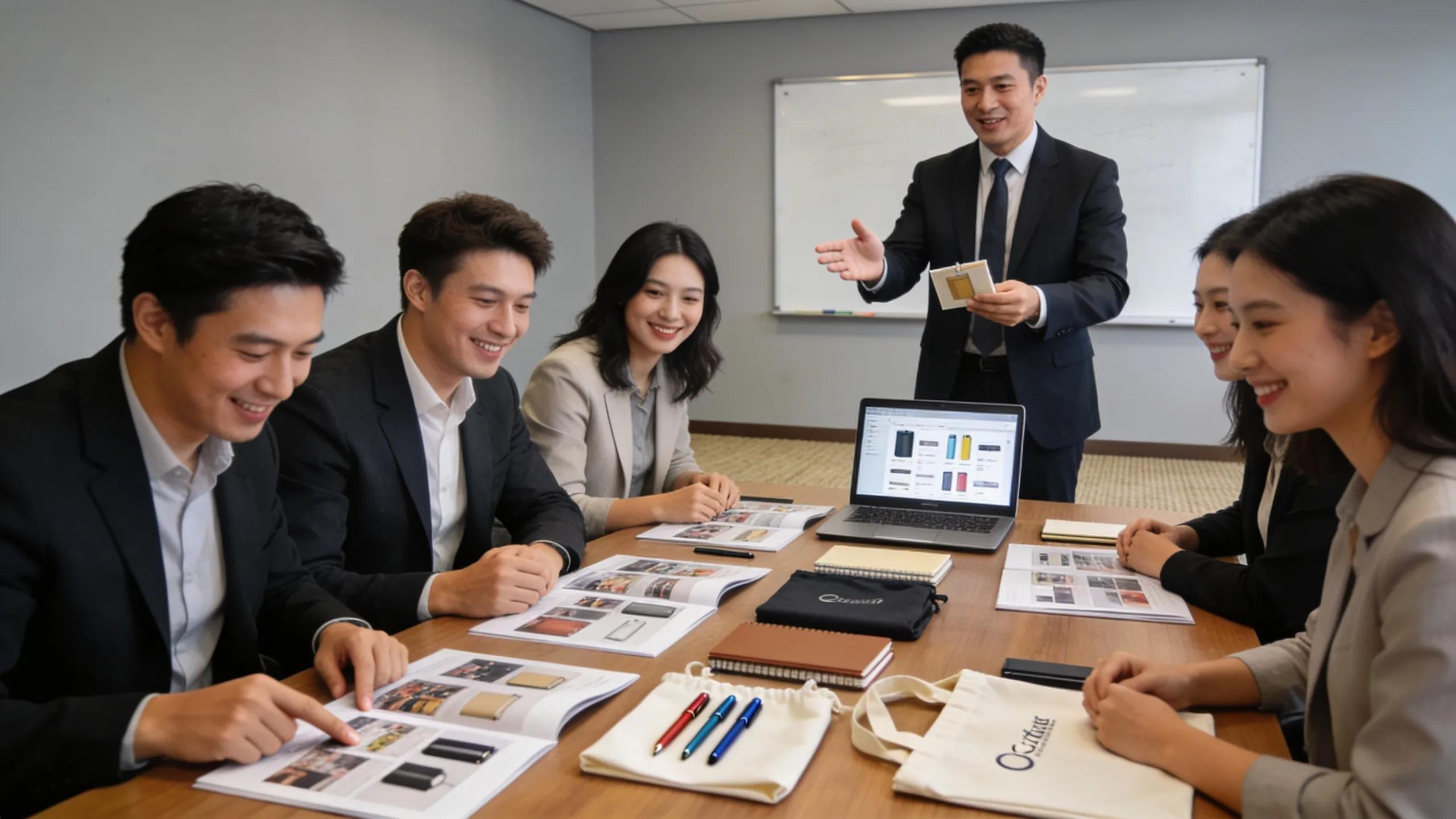 Business team discussing promotional products with a supplier, highlighting the selection process for custom merchandise
