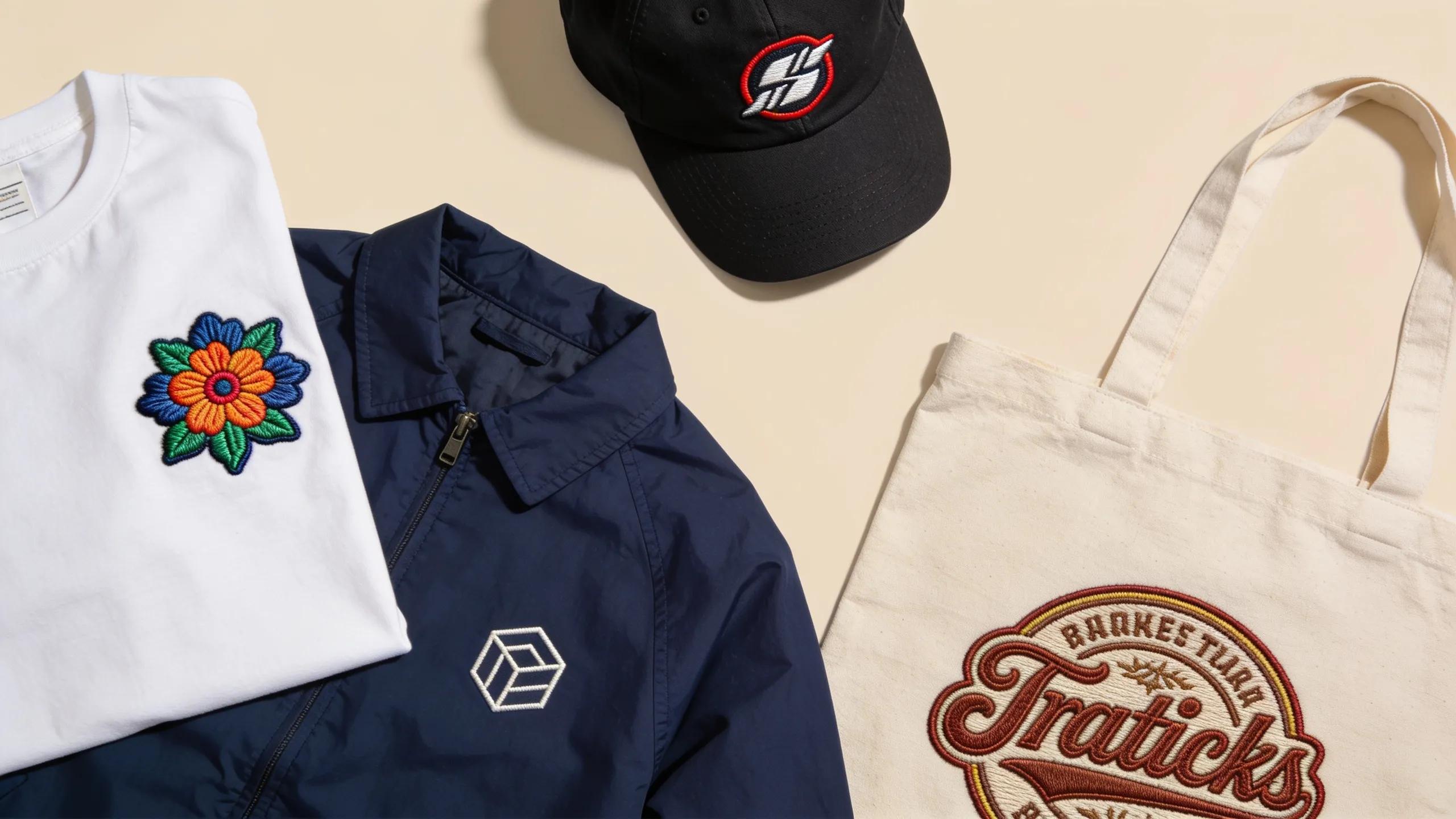 Display of various embroidered apparel and promotional items emphasizing custom logos