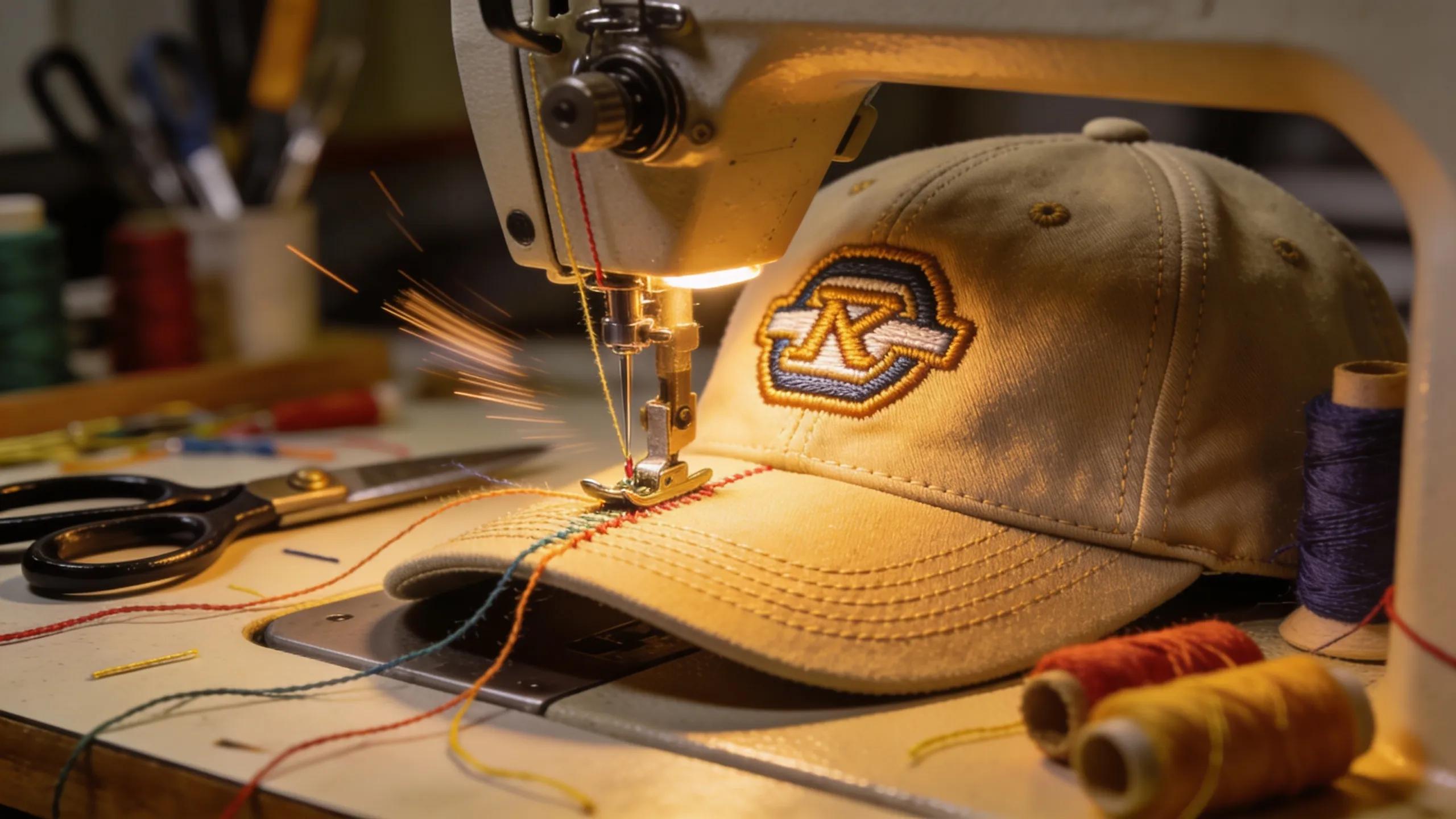 Close-up of embroidery process showcasing a sewing machine stitching a logo on a baseball cap