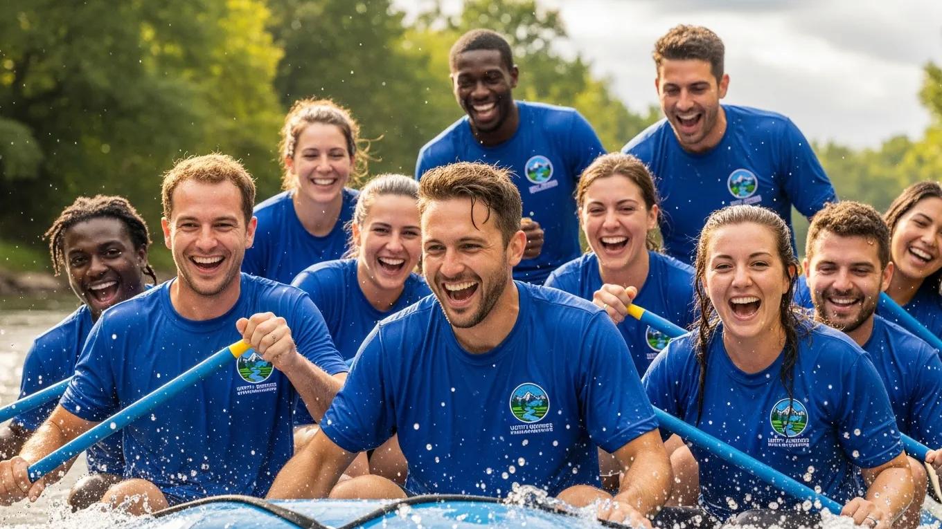 A diverse group of individuals wearing matching custom embroidered shirts, representing team unity and identity