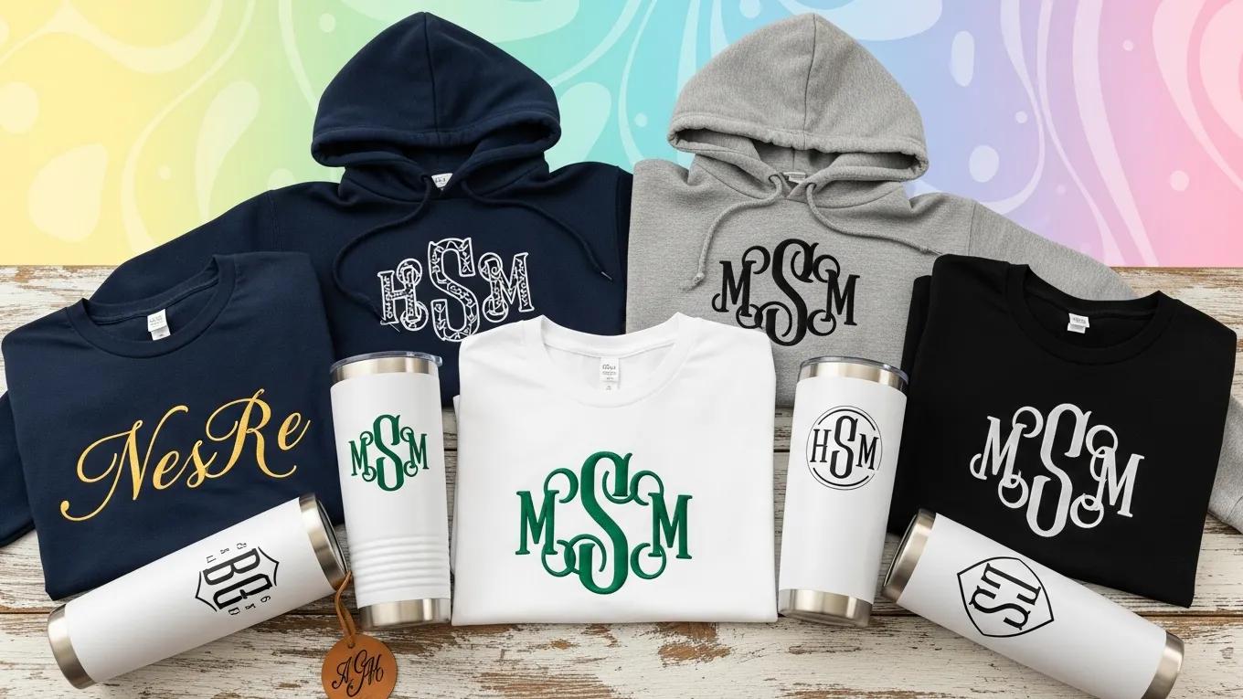 A variety of custom monogrammed items, including hoodies and tumblers, showcasing unique personalization options.