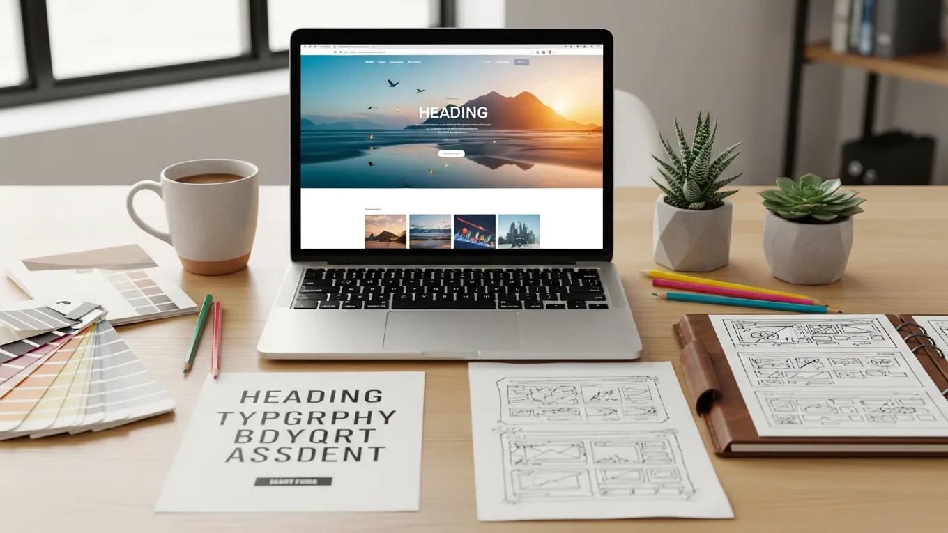 Beautifully designed website on a laptop with design tools highlighting custom features