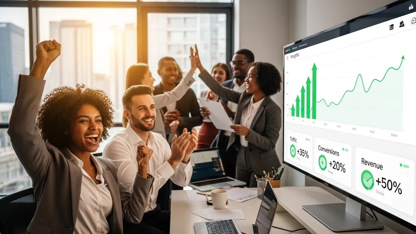 Business team celebrating success with website analytics on screen, illustrating the ROI of custom web design