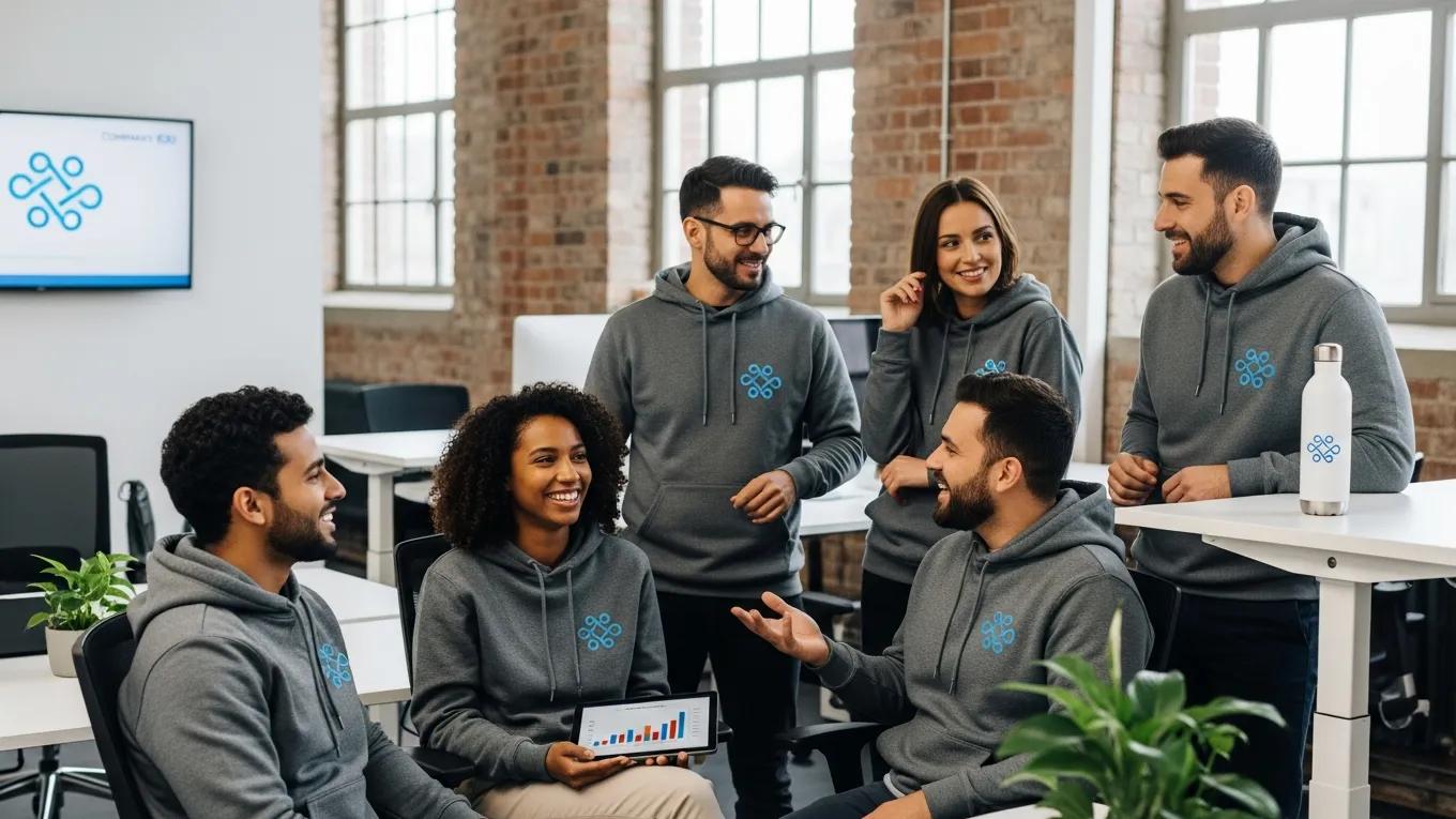 Business team in matching custom hoodies, highlighting teamwork and brand identity