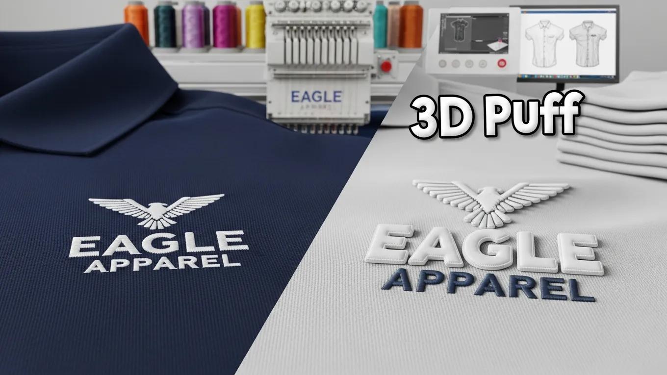 Close-up of custom embroidery techniques showing traditional stitching and 3D puff embroidery on fabric