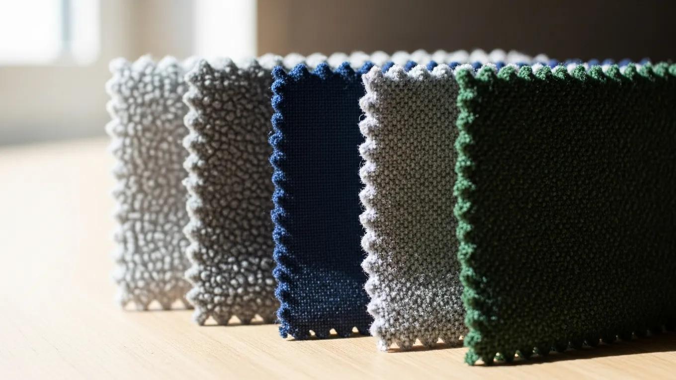 Close-up view of cotton, polyester, and blended fabric swatches, showcasing texture suitability for custom embroidery