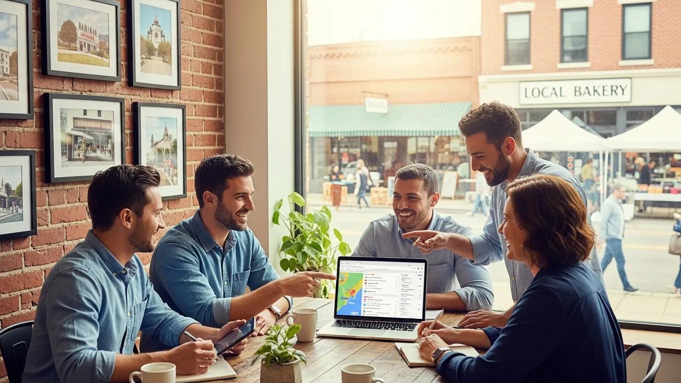Small business owners and local SEO agency collaborating on marketing strategy, discussing near me SEO services.