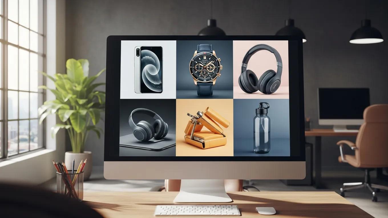 Collection of high-quality product images displayed on a computer screen in a modern workspace